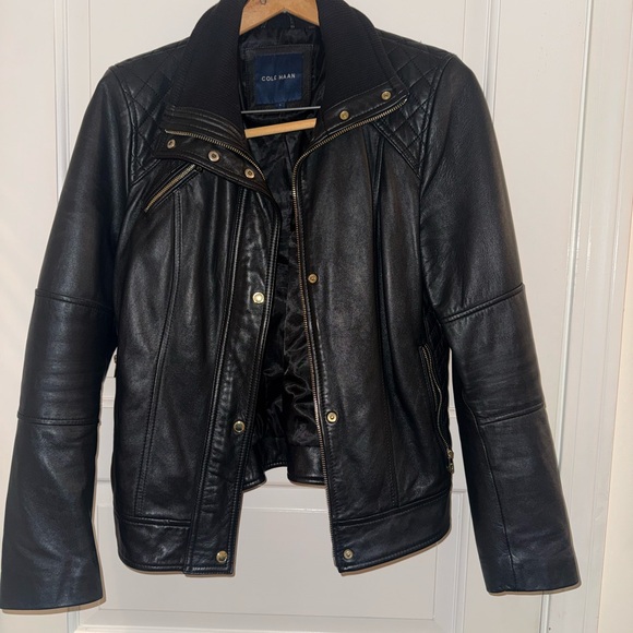 Cole Haan Quilted Moto Black Leather Jacket - Picture 2 of 4